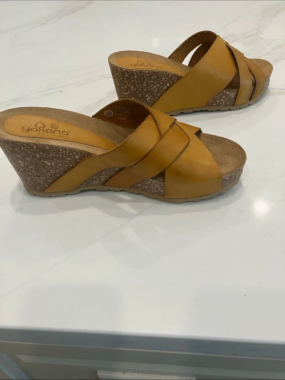 Yokono Made in Spain Women’s Mustard Leather Wedge Cork Heel Sandals Sz 29- EUC